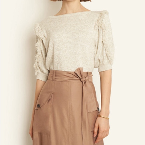 Ann Taylor Beige & Metallic Gold Shimmer Fringe Detail Puff Sleeve Sweater - Picture 6 of 16